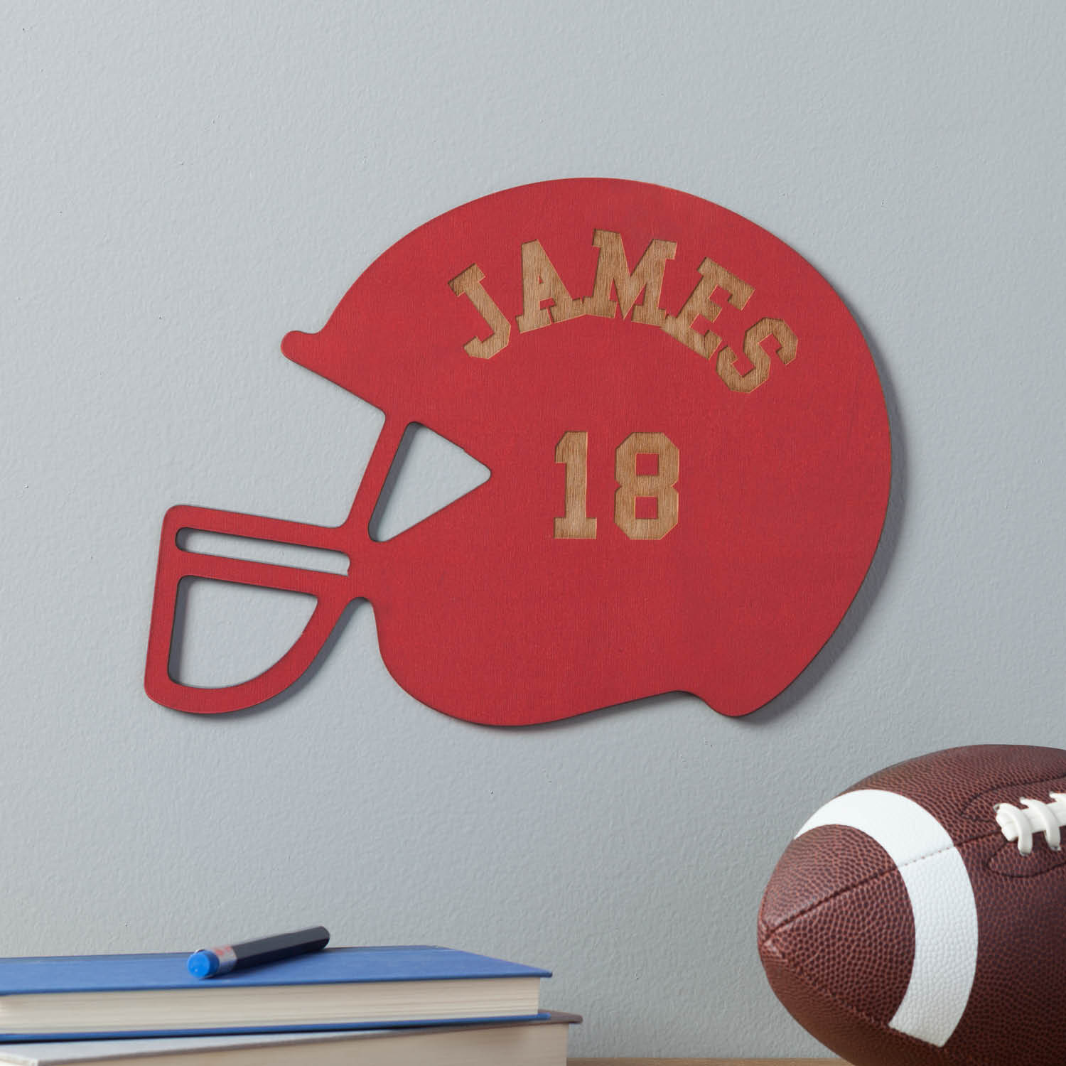 Personalized Red Wood Football Helmet Plaque