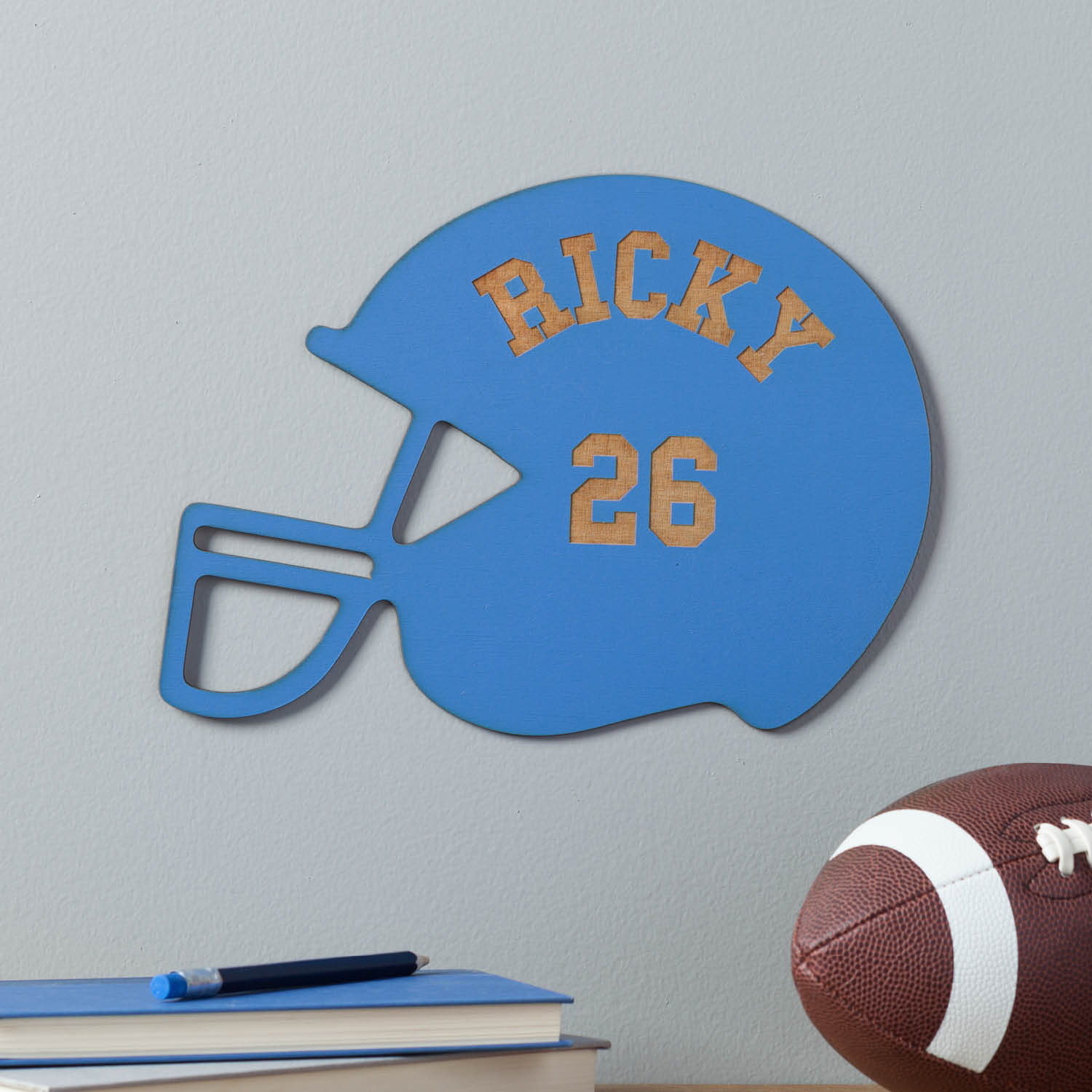 Personalized Blue Wood Football Helmet Plaque