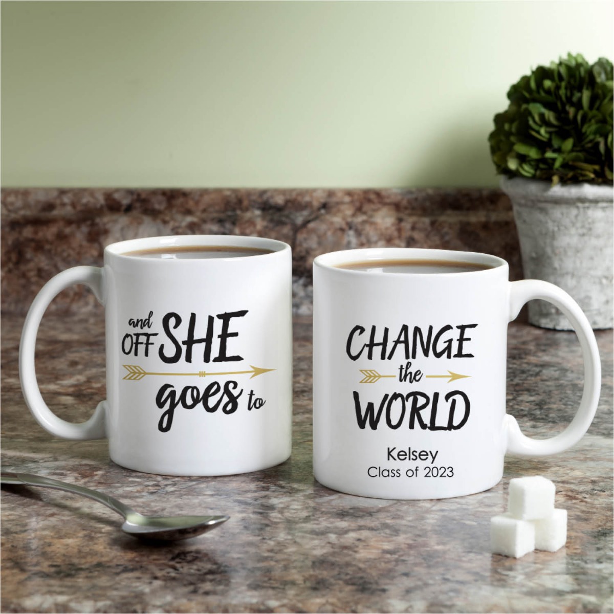And Off She Goes To Change The World Personalized Graduation White Coffee Mug - 11 oz.