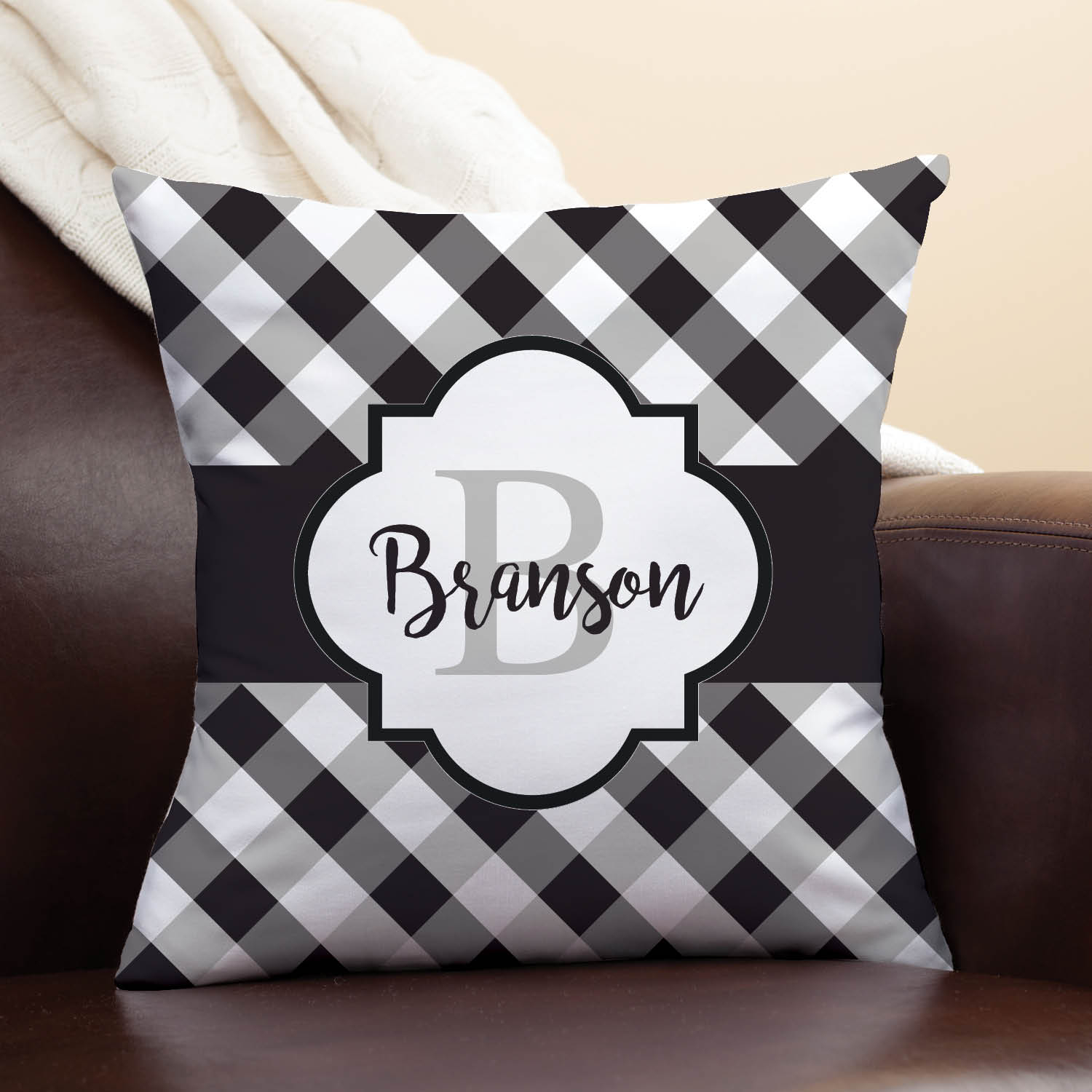 Black and White Gingham Personalized Throw Pillow 