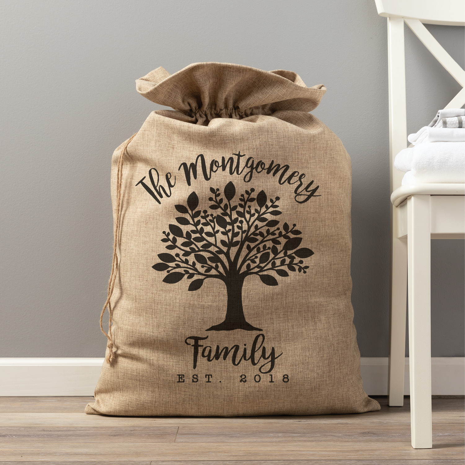 Family Tree Personalized Burlap Laundry Bag