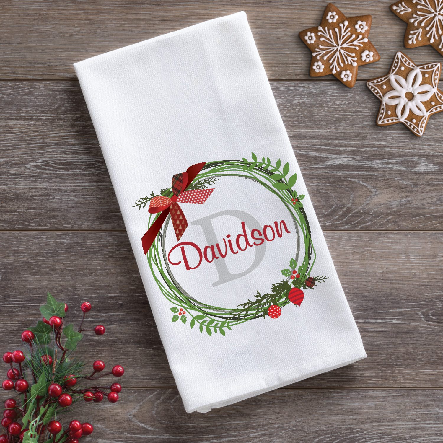 Christmas Wreath Personalized Tea Towel