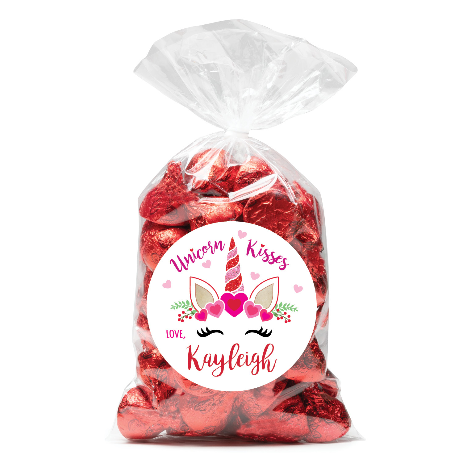 Valentine's Unicorn Kisses Personalized Round Sticker and Treat Bag Set