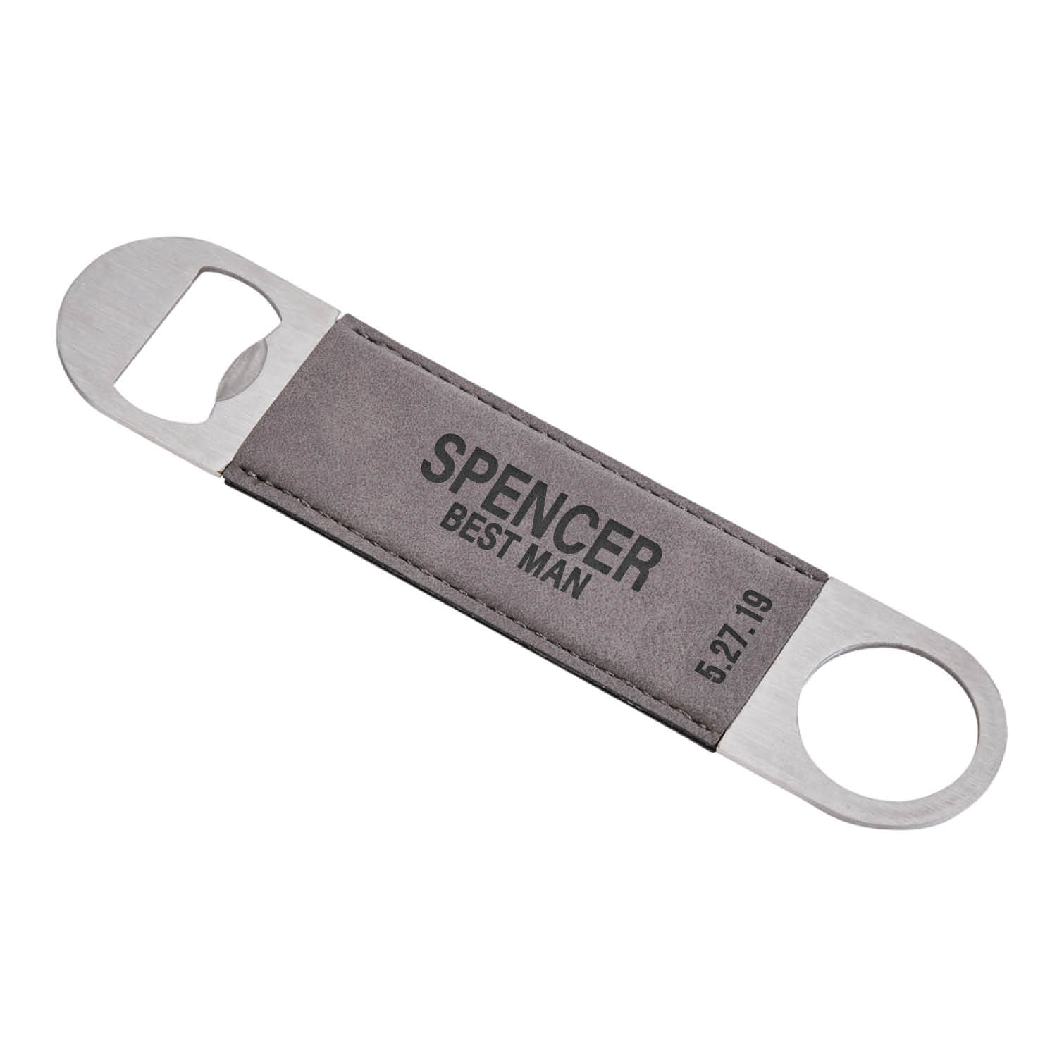 Message and Date Grey Leatherette Bottle Opener
