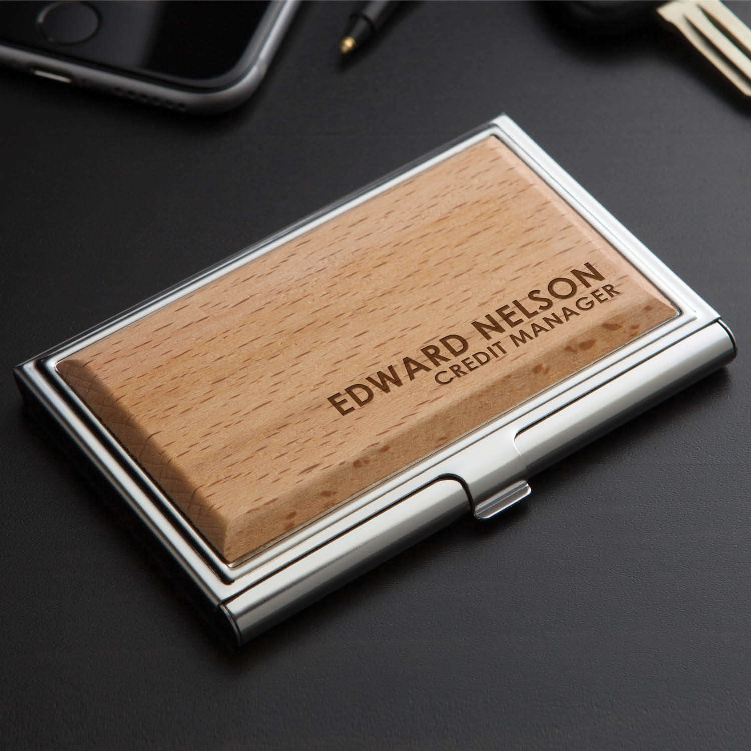 Any Message Personalized Wood Business Card Case 