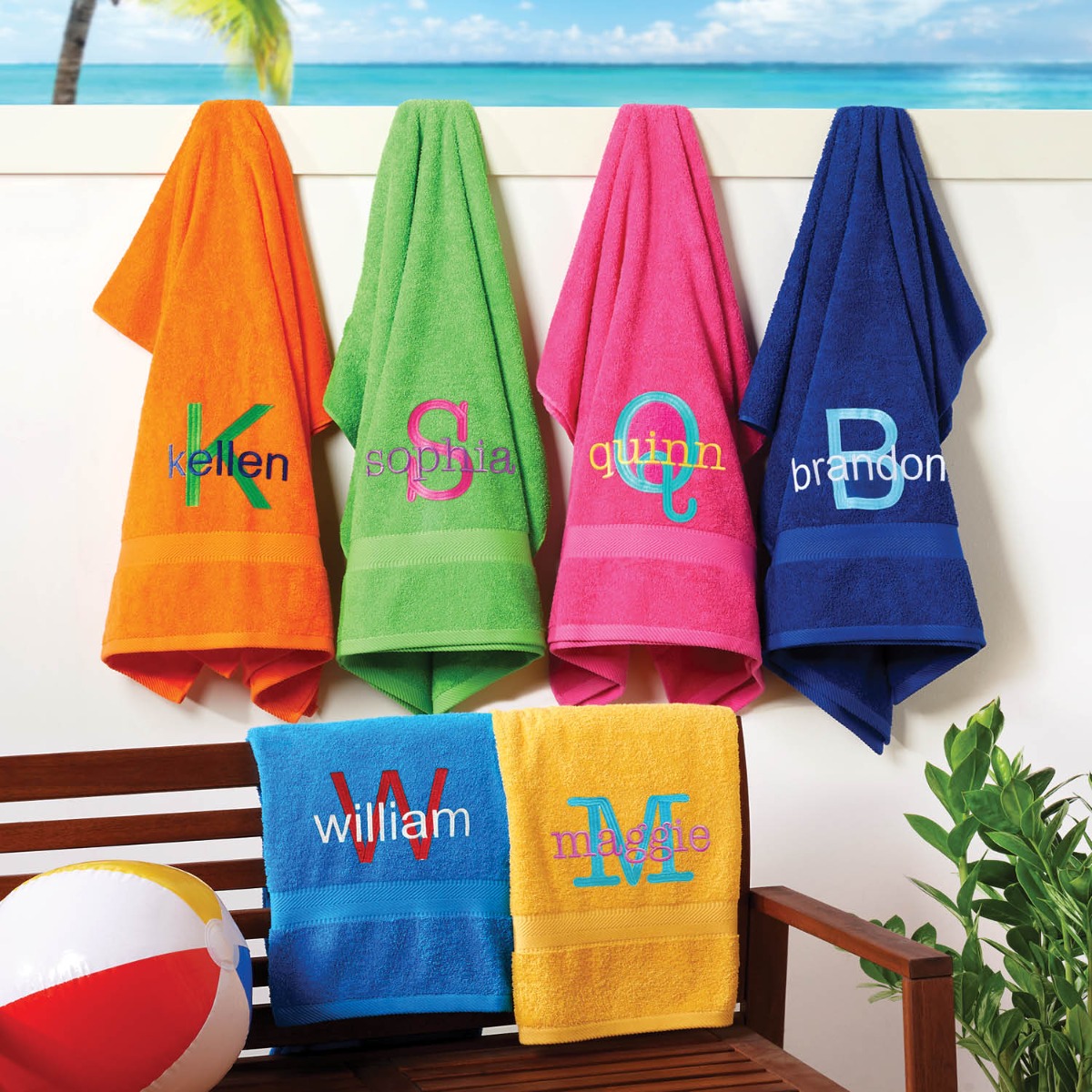 Colorful terry loop large beach towel with initial and name