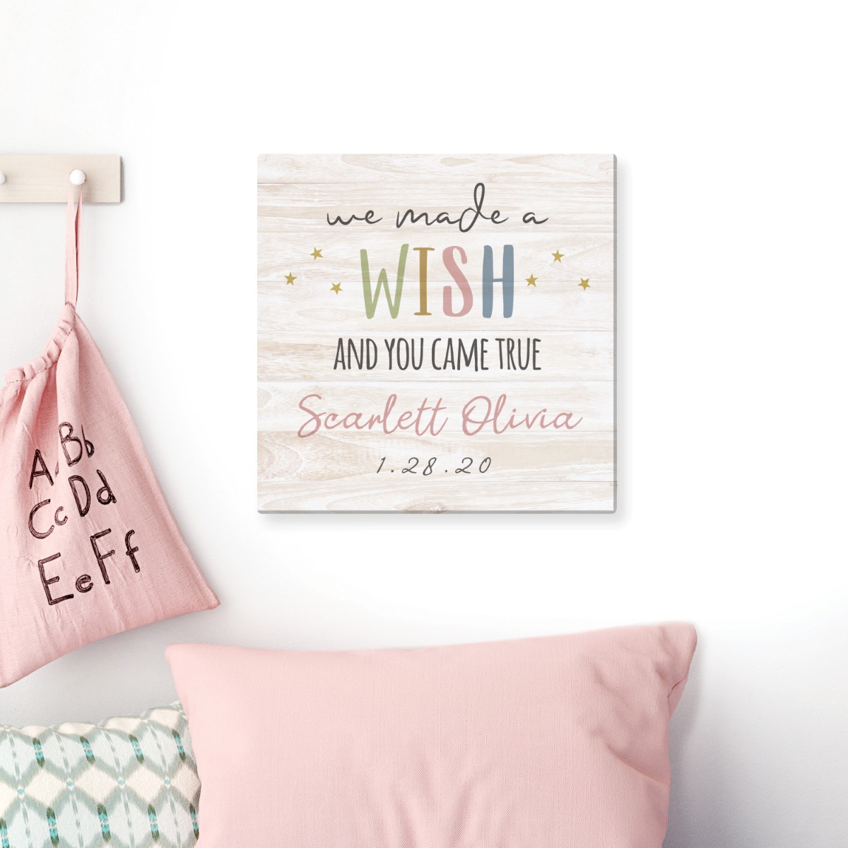 We Made A Wish Personalized Pink Script 12x12 Canvas 