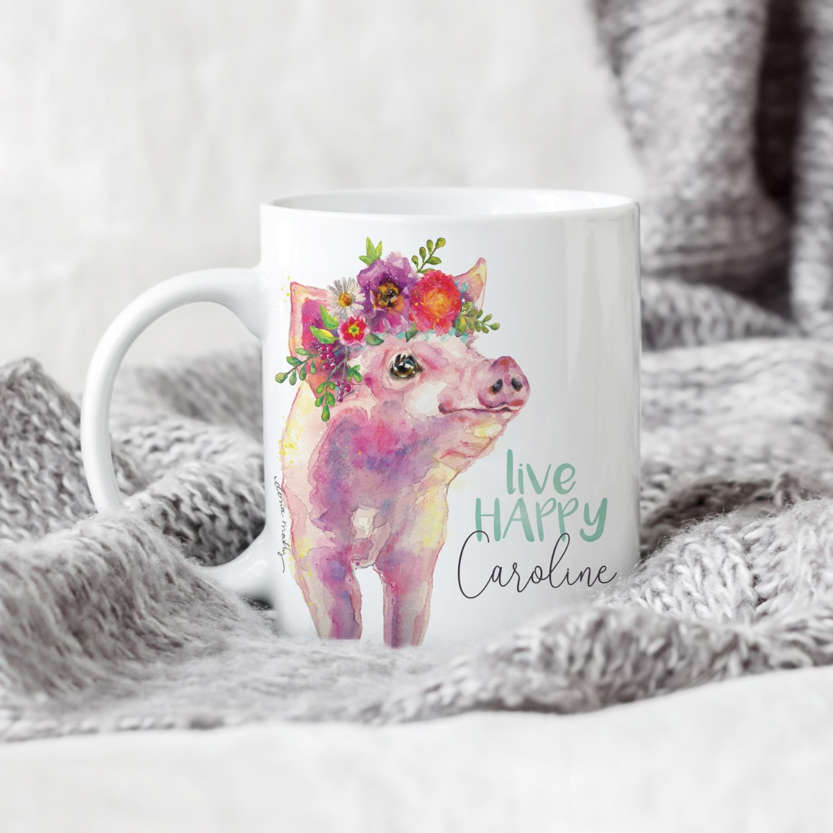 Live Happy Floral Pig Personalized Coffee Mug