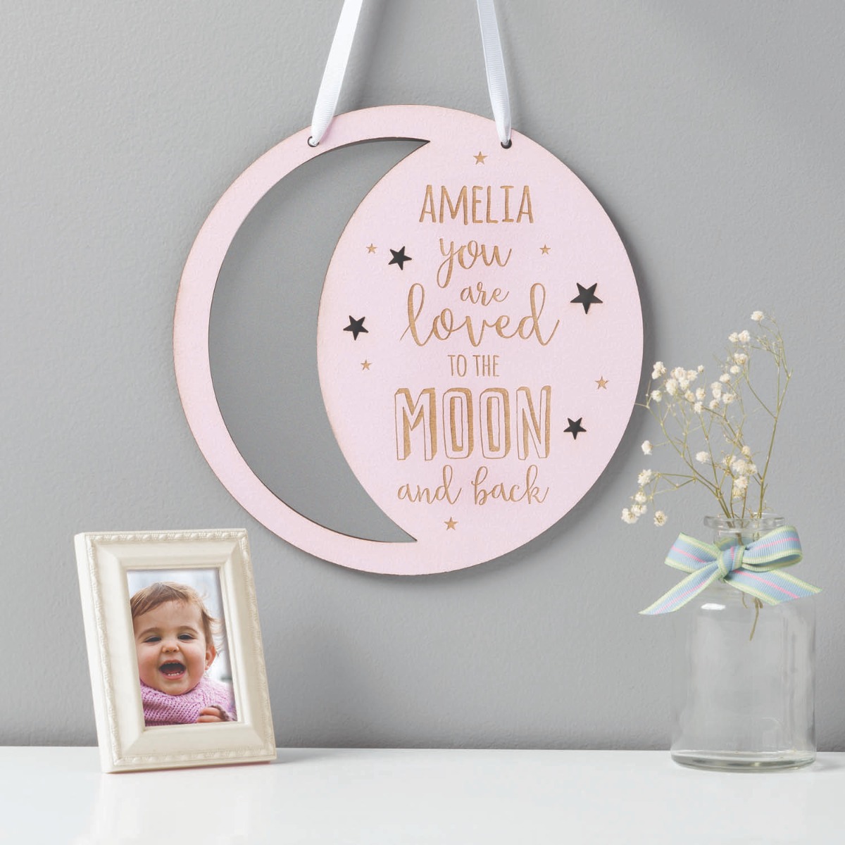Pink Loved To The Moon Personalized Wood Plaque