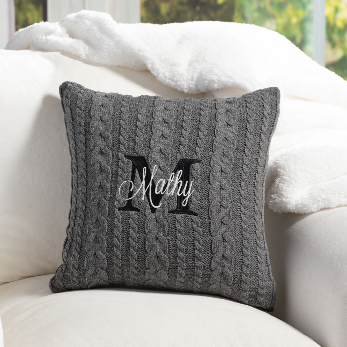 Name & Initial Gray Cable Knit Throw Pillow 