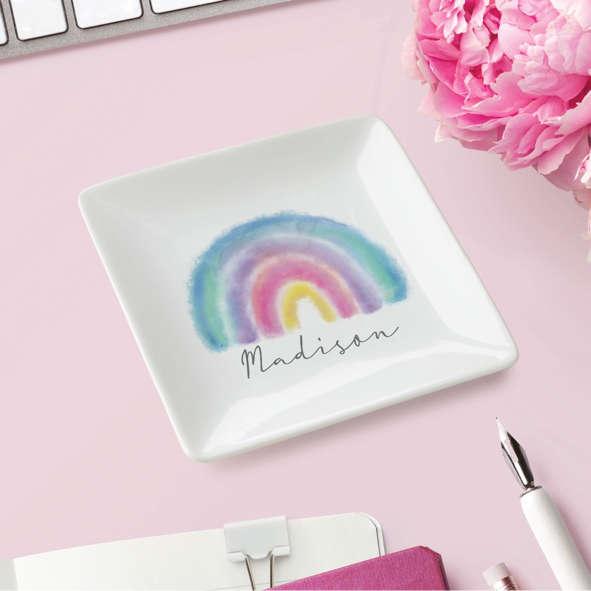 Pastel Rainbow Personalized Square Trinket Dish