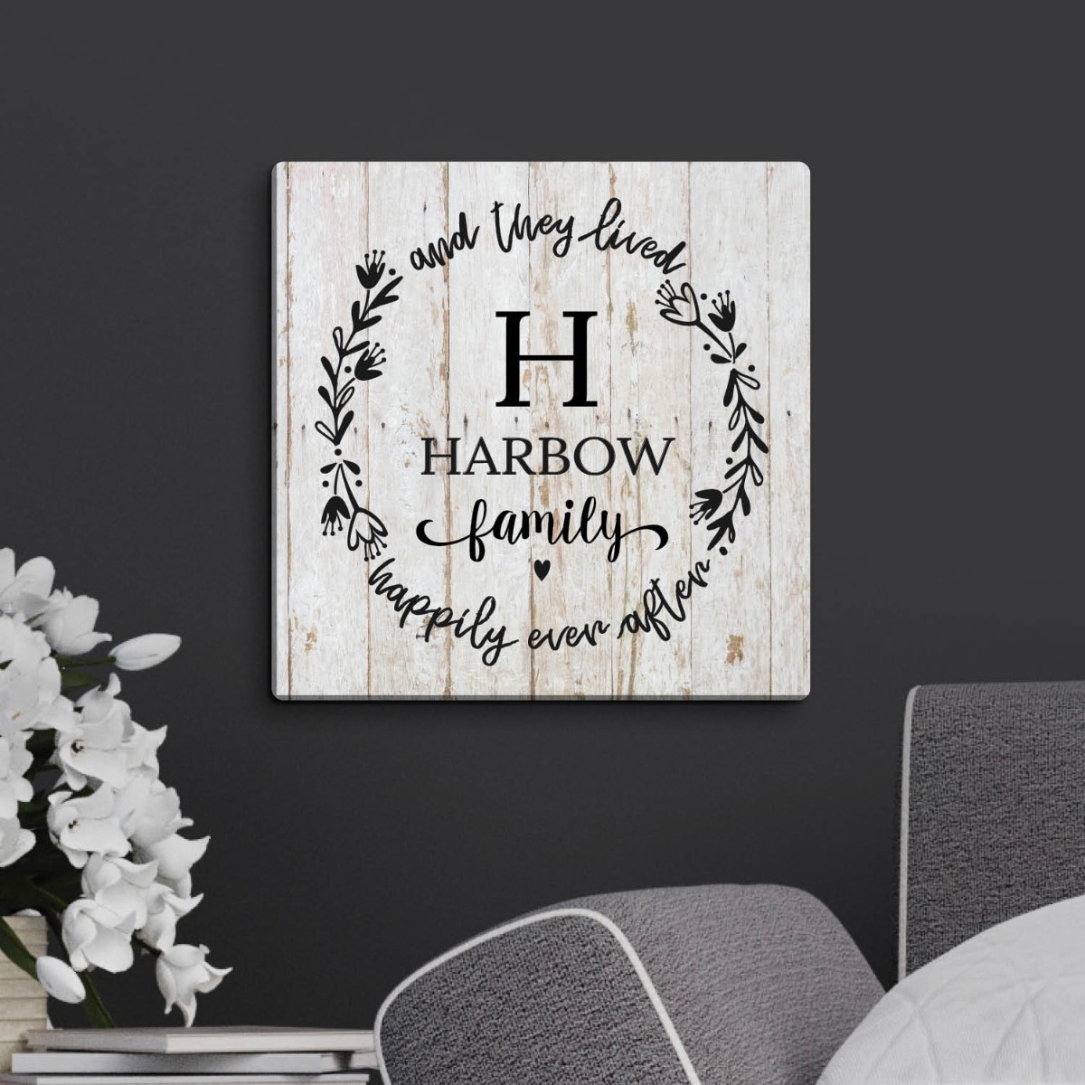 Floral Wreath Happily Ever After Personalized 12x12 Canvas