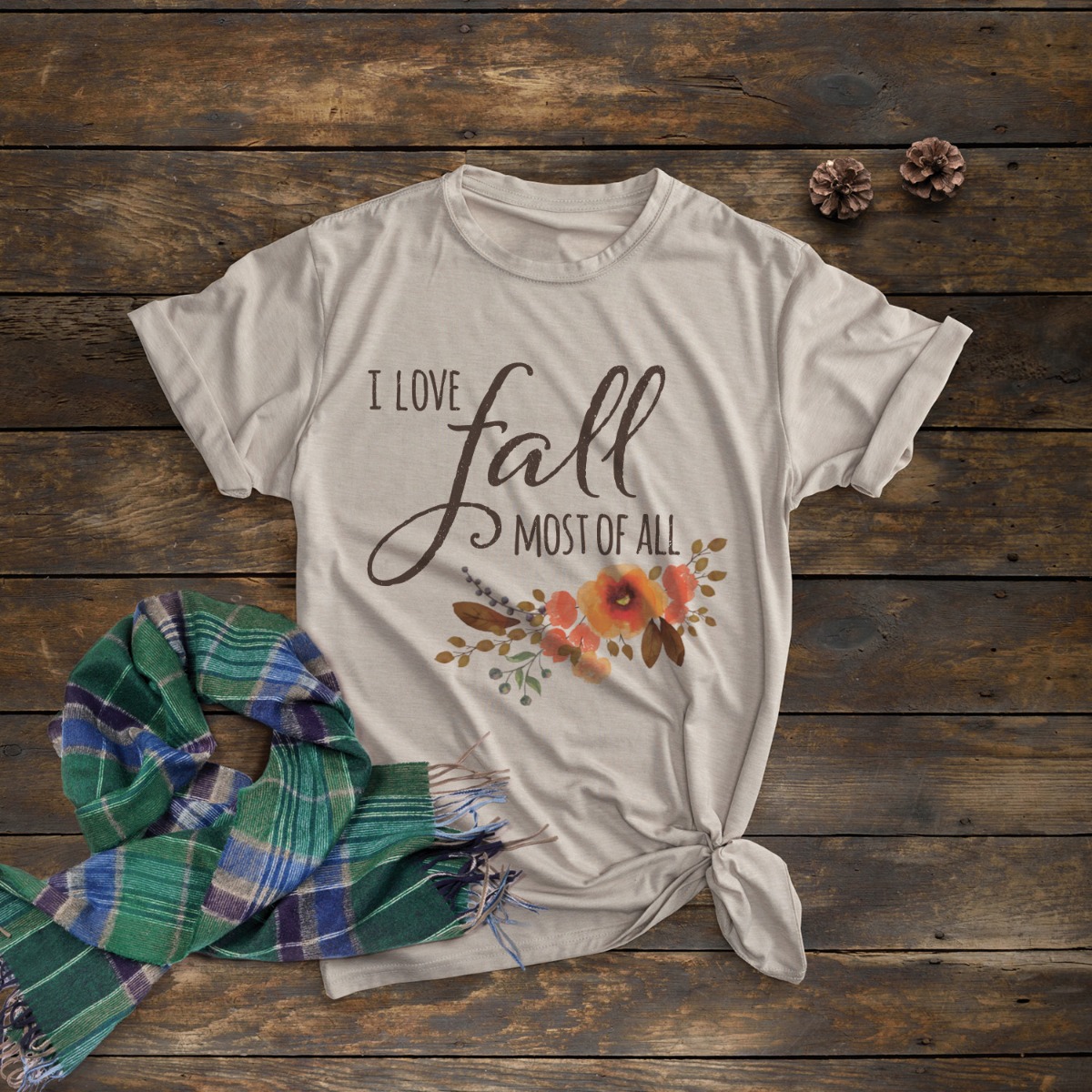 I Love Fall Autumn Floral Ladies' Tan T-Shirt