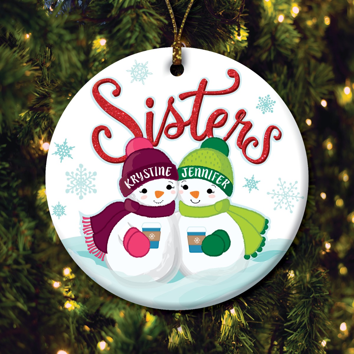Two Snowmen Sisters Personalized Ceramic Ornament