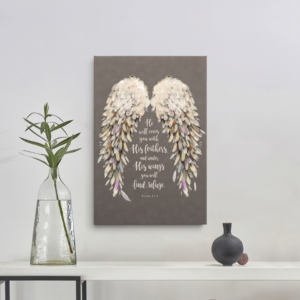 He Will Cover You With His Feathers 12x18 Gray Leatherette Wall Art