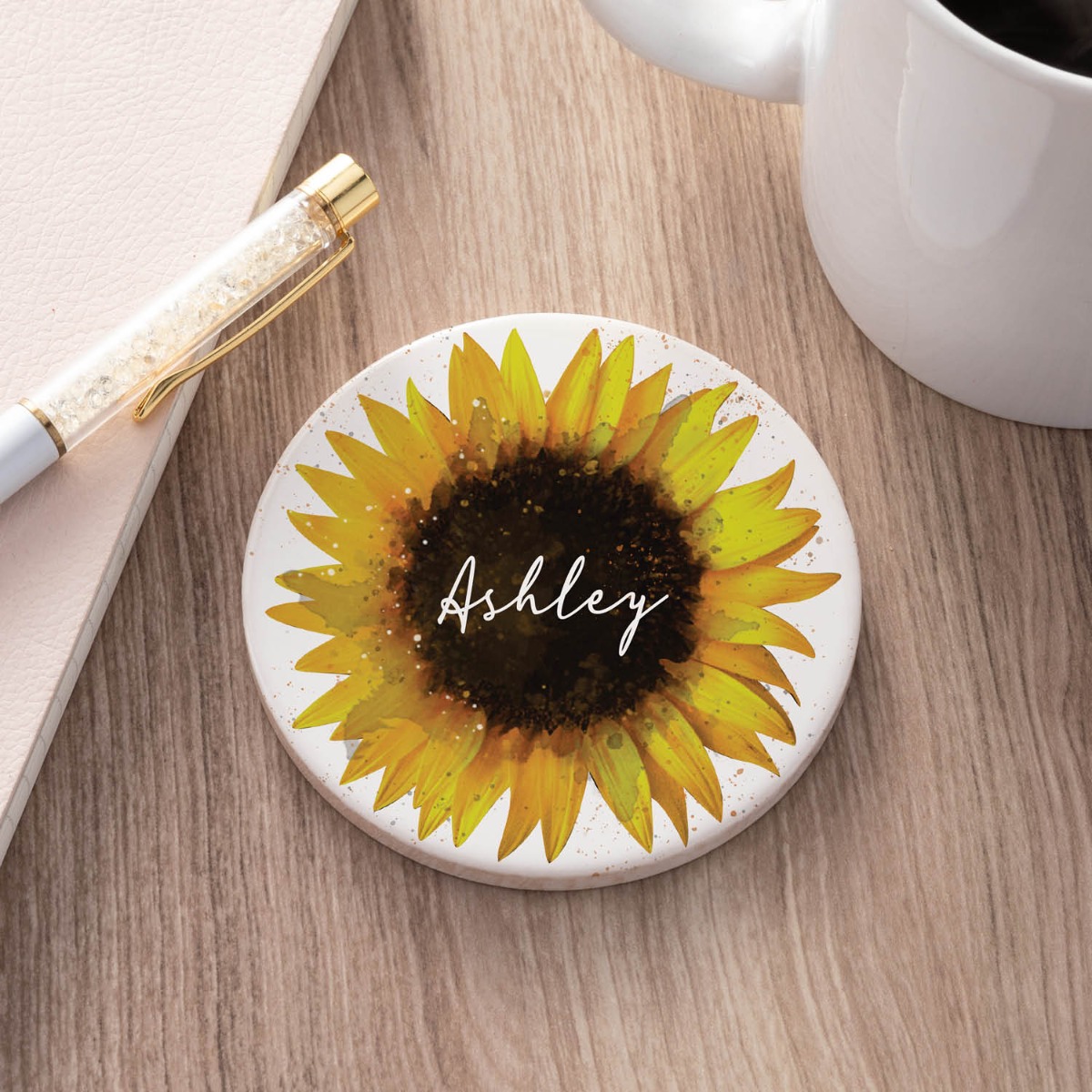 Sunflower Personalized Round Desk Coaster