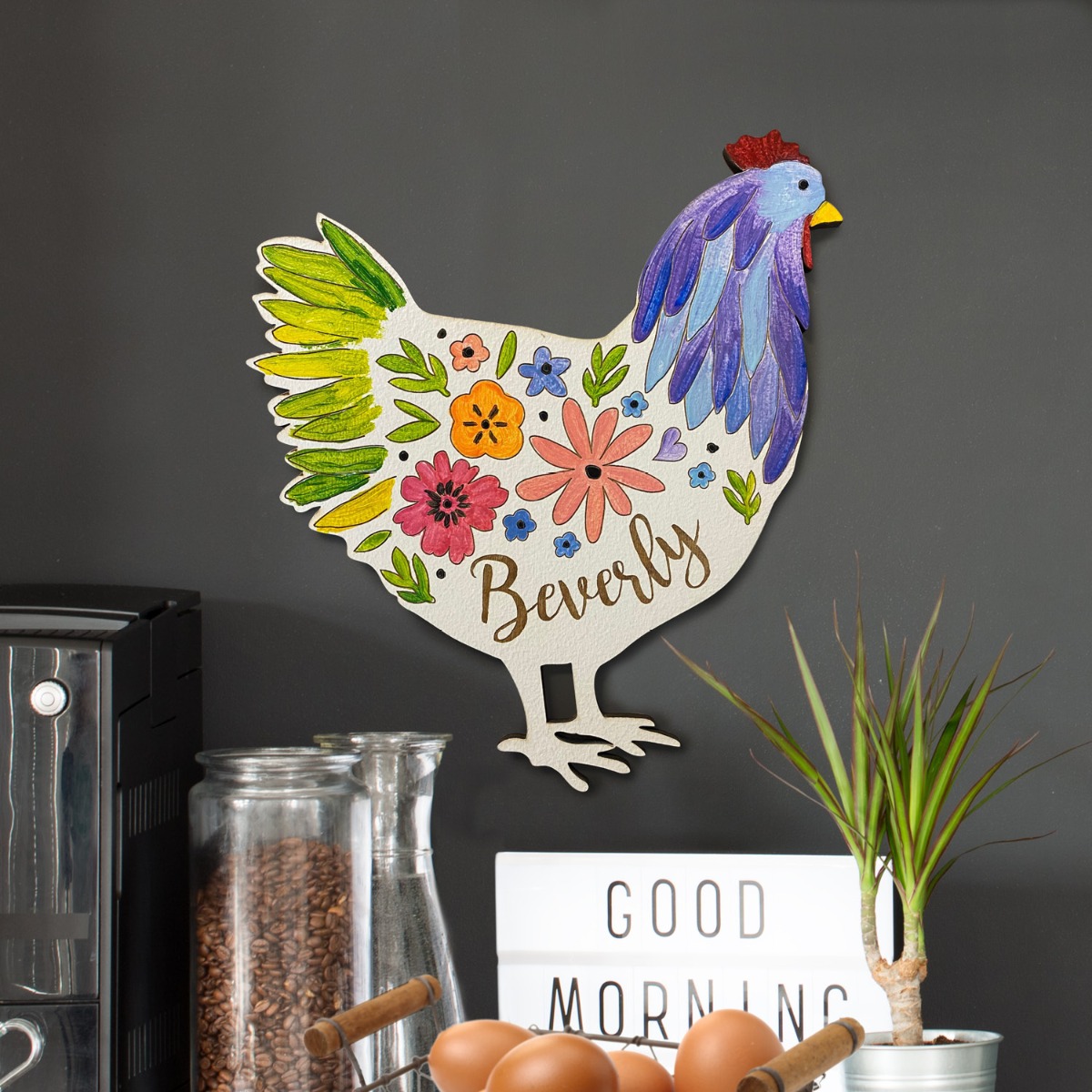 DIY Floral Chicken Personalized White Wood Plaque
