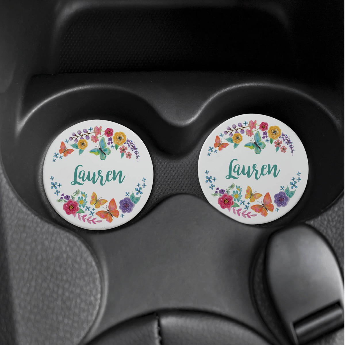 Flowers And Butterflies Personalized Car Coaster Set