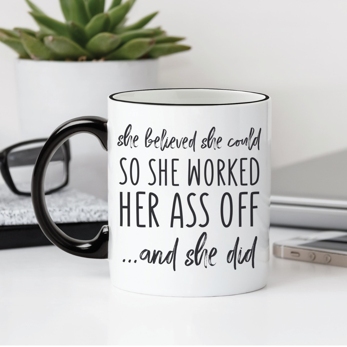 She Believed She Could Personalized Black Handled Coffee Mug - 11 oz.