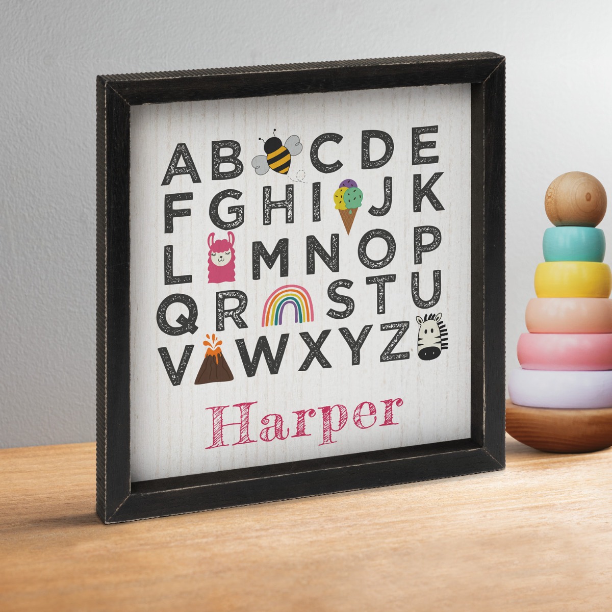 Alphabet with Pink Name Black Framed Wood Art 