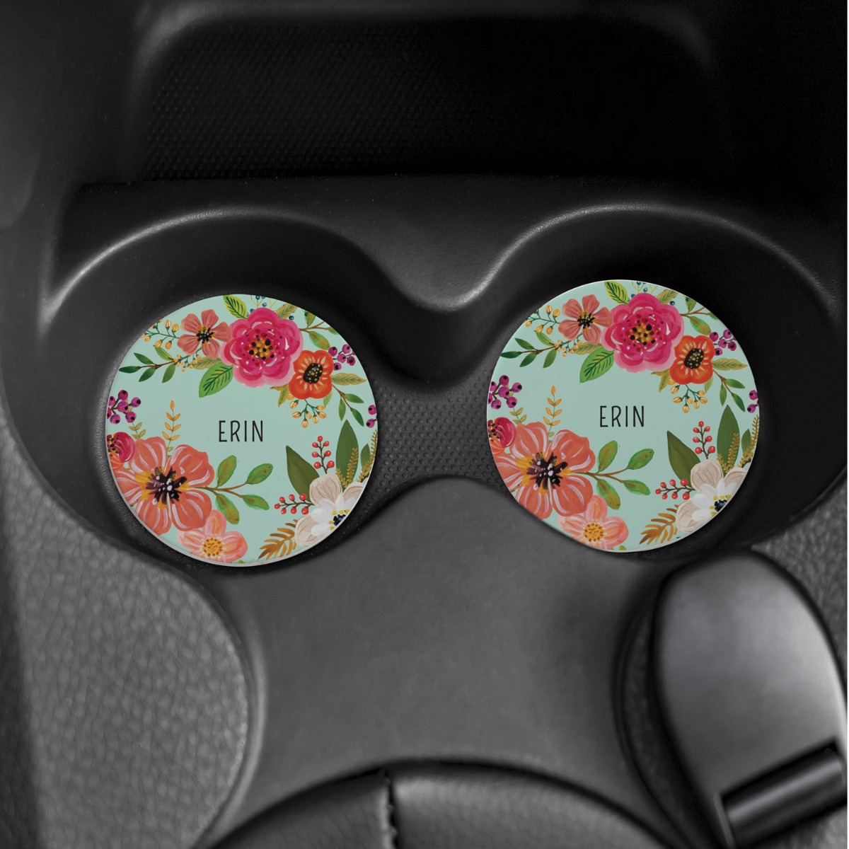 Teal Floral Personalized Car Coaster Set
