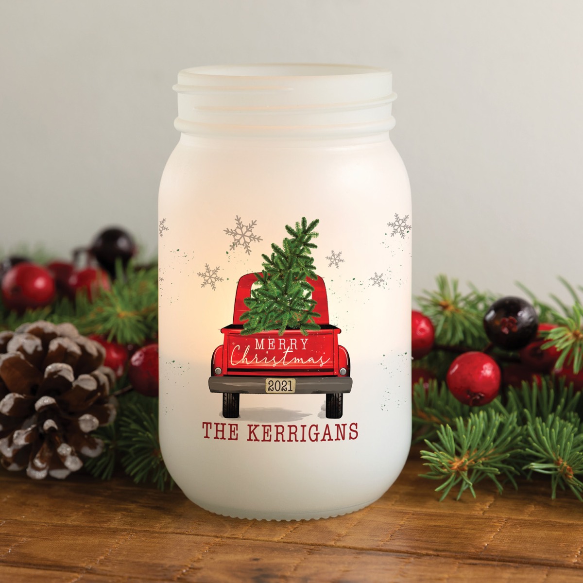 Merry Christmas Red Truck Frosted Glass Mason Jar Votive Holder