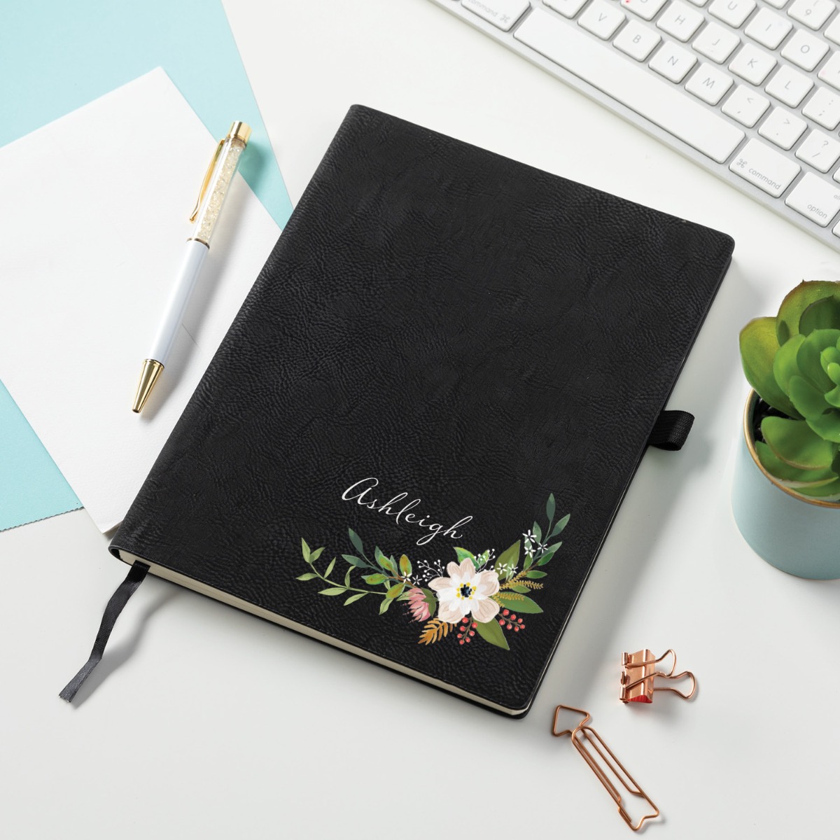 Floral with Name Personalized Black Notebook