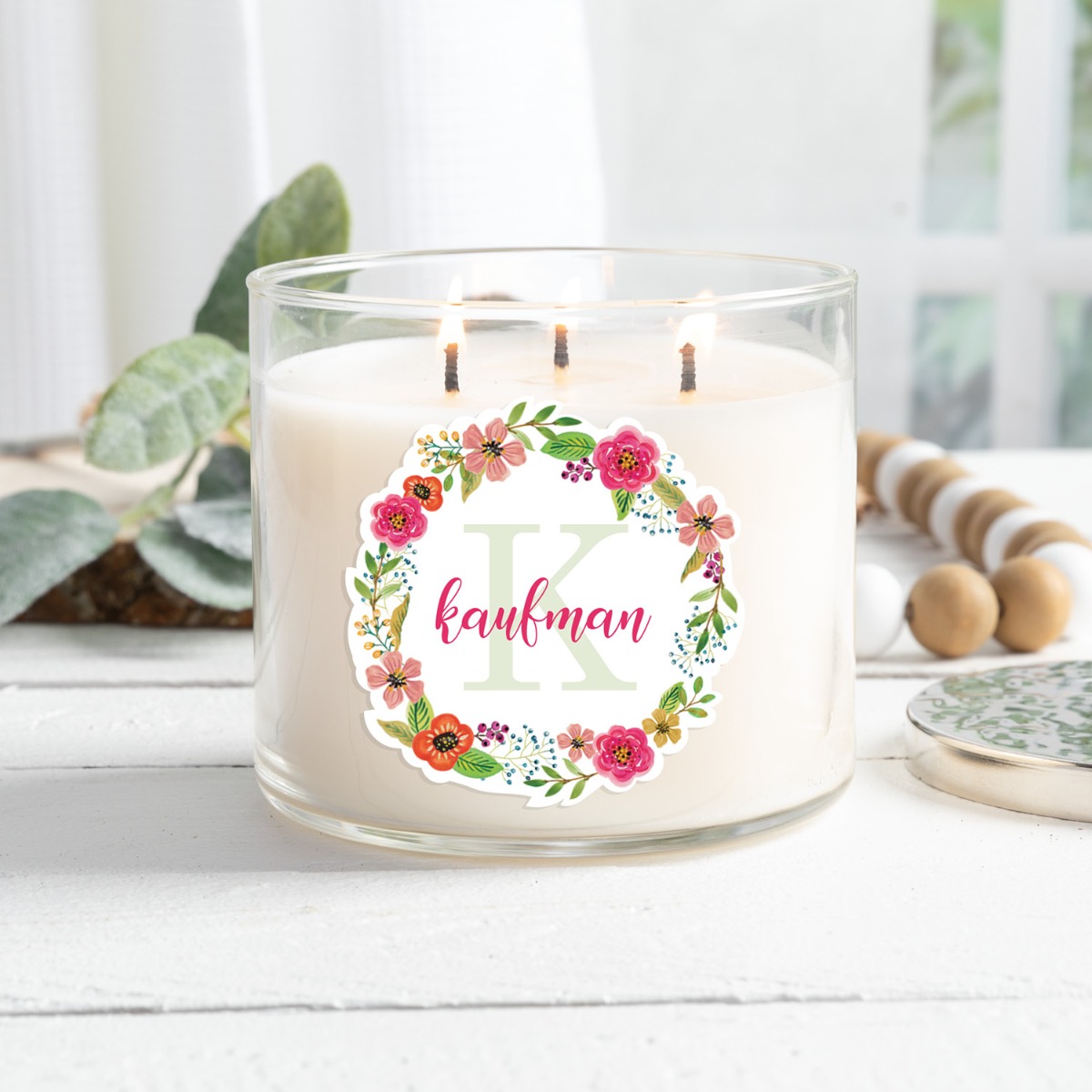 Spring Wreath Personalized 3 Wick Candle 