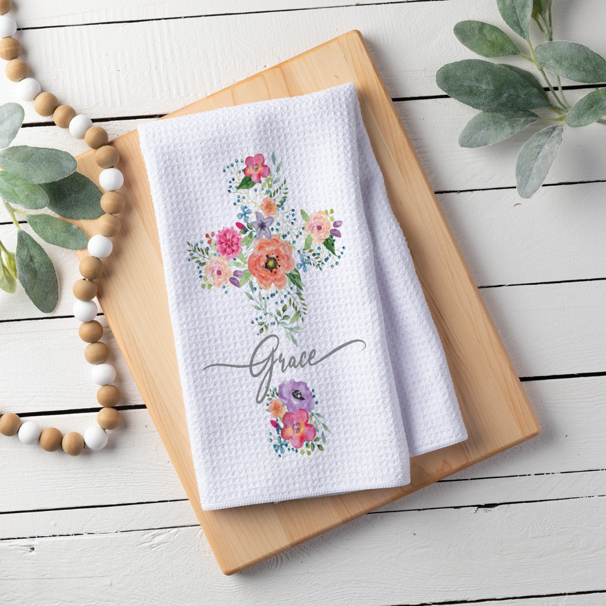 Floral Cross- Grace Waffle Tea Towel 