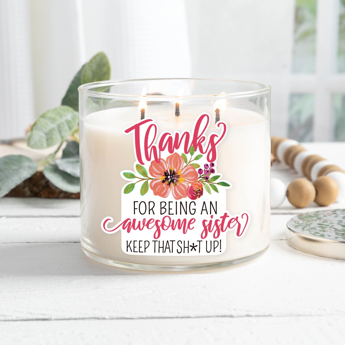 Thanks Awesome Sister Pink Floral 3 Wick Candle