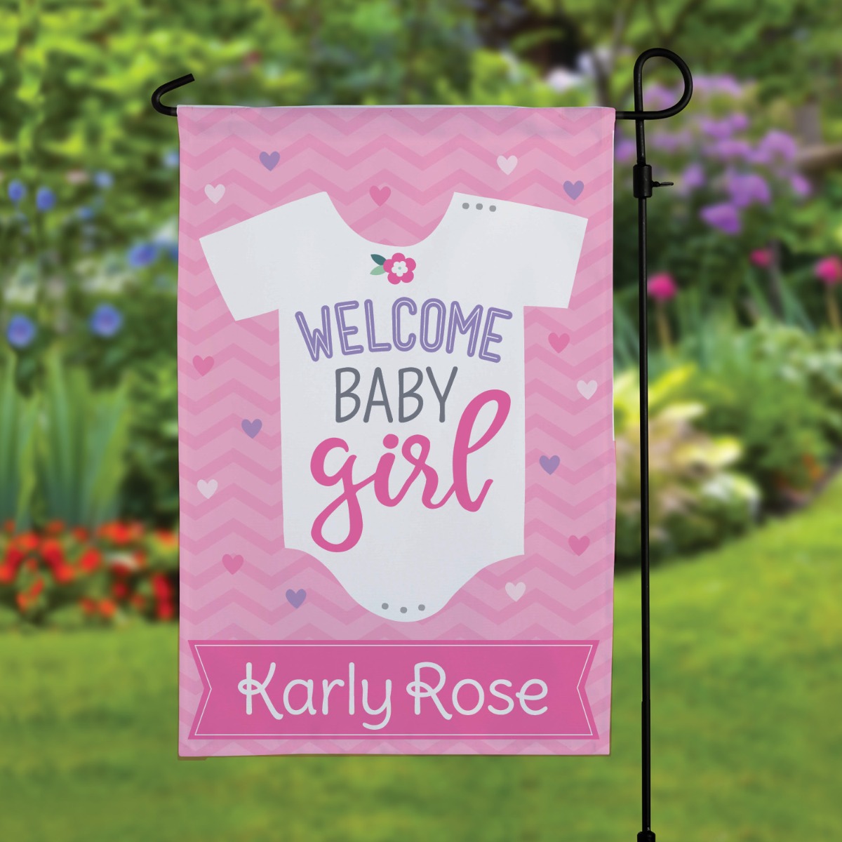 Welcome Baby Girl Personalized White Garden Flag