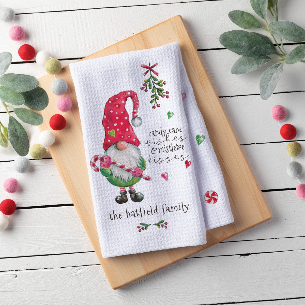 Candy cane gnome waffle tea towel with family name 