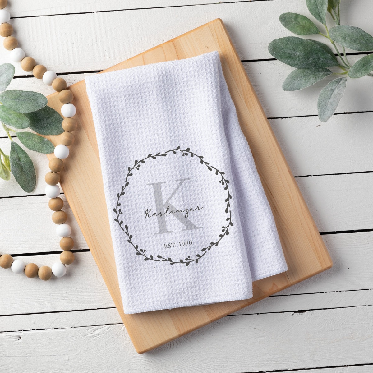 Wreath waffle tea towel with initial and name