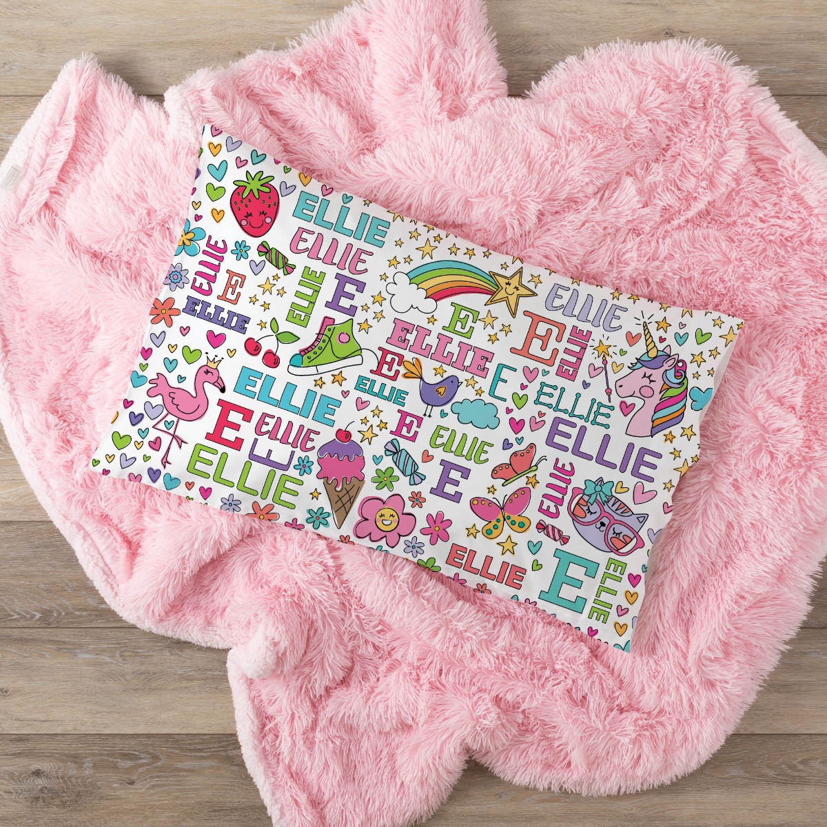 Girls colorful icons pillowcase with name 
