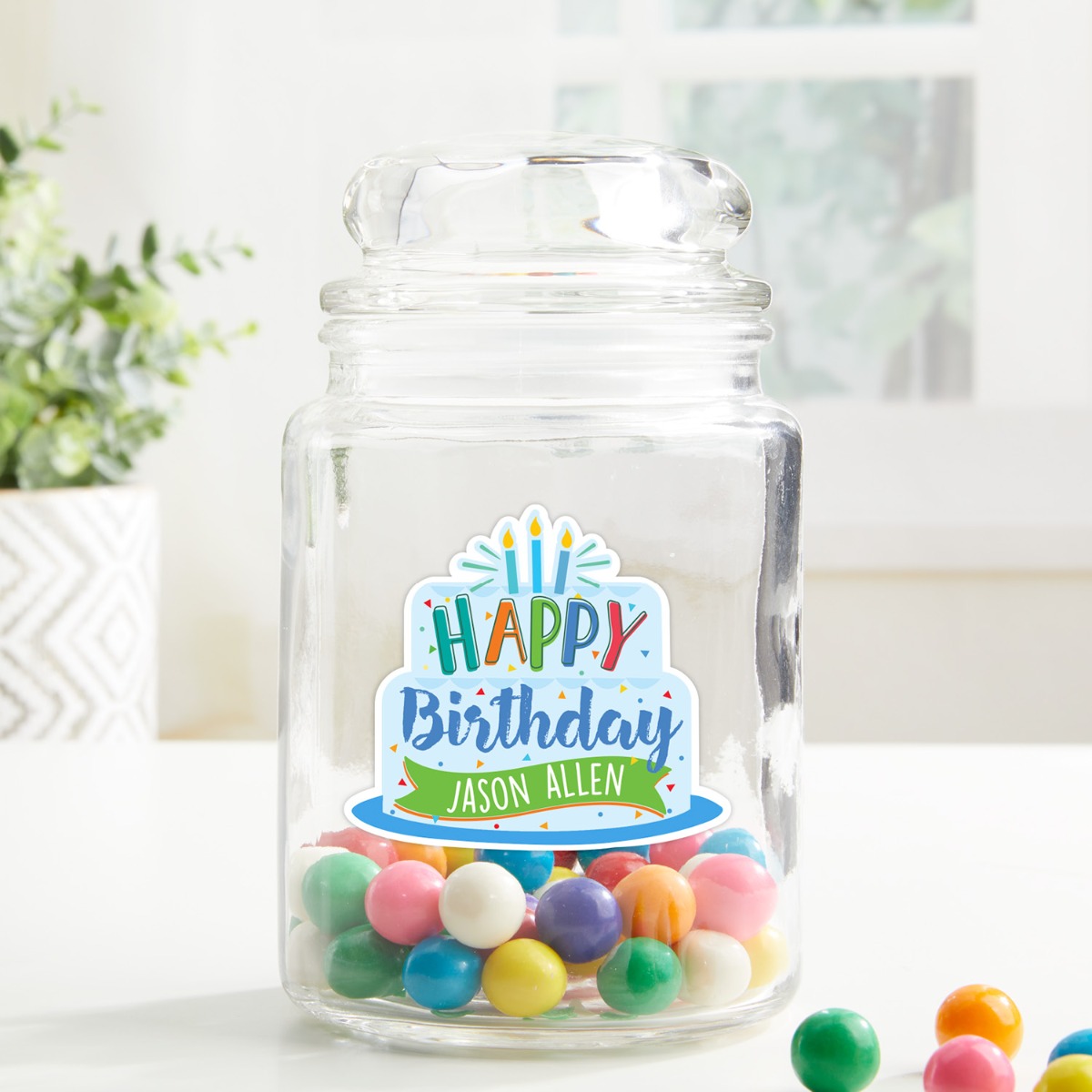 Happy birthday cake glass treat jar with name and 3 candle design 
