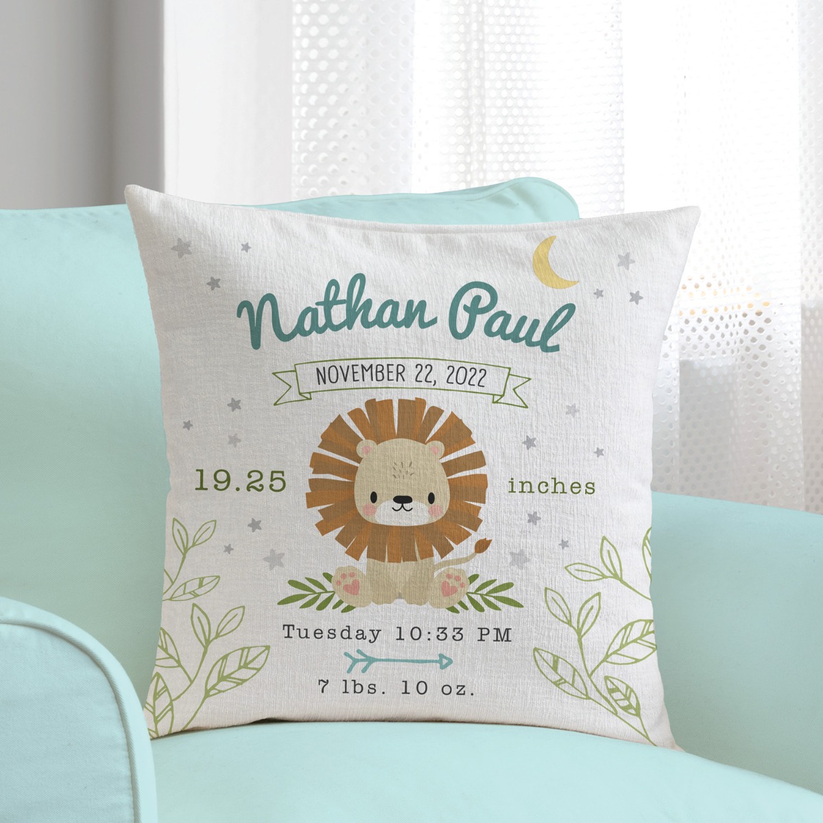 Baby Lion Personalized 17" Birth Details Throw Pillow 