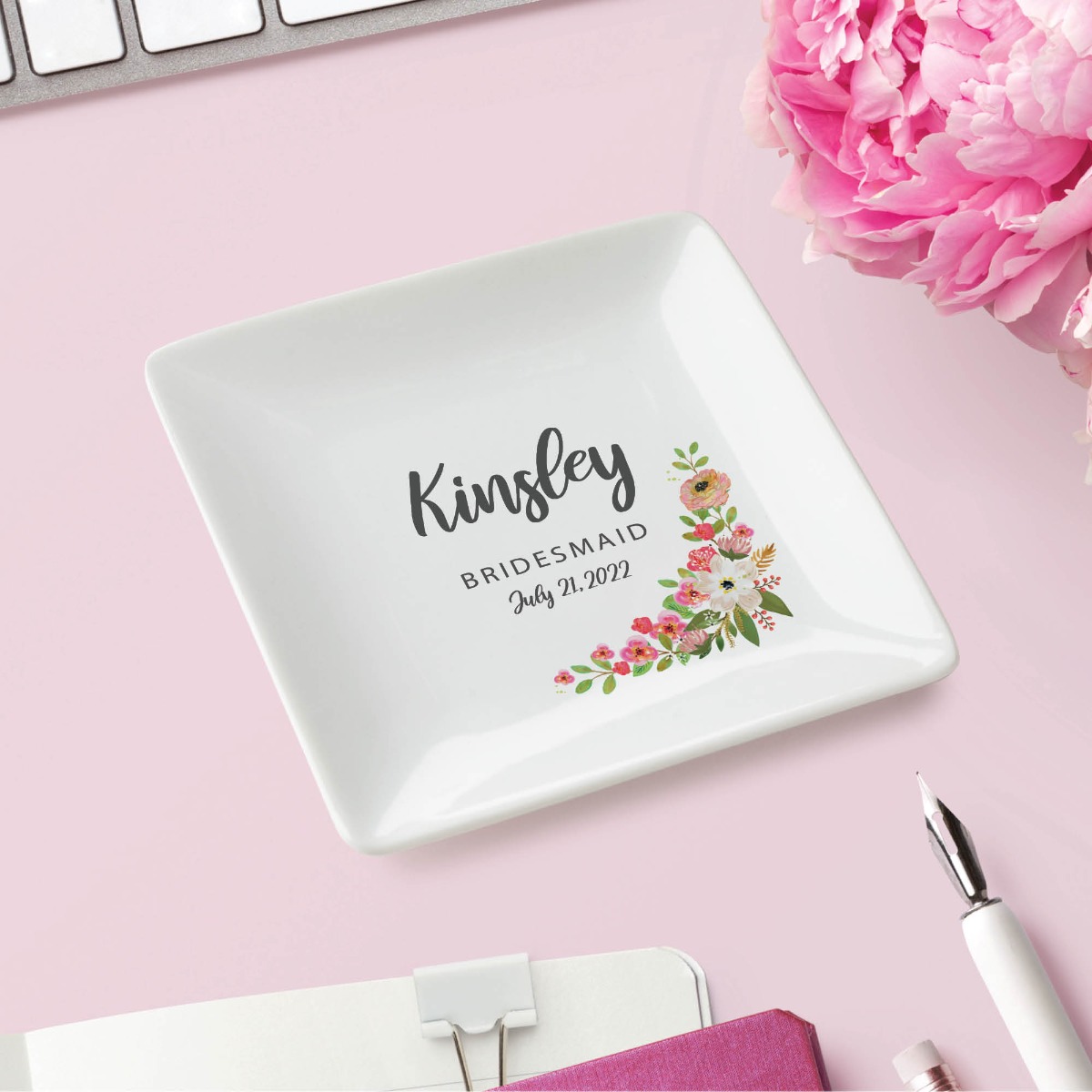 Wedding floral trinket tray with personalization 