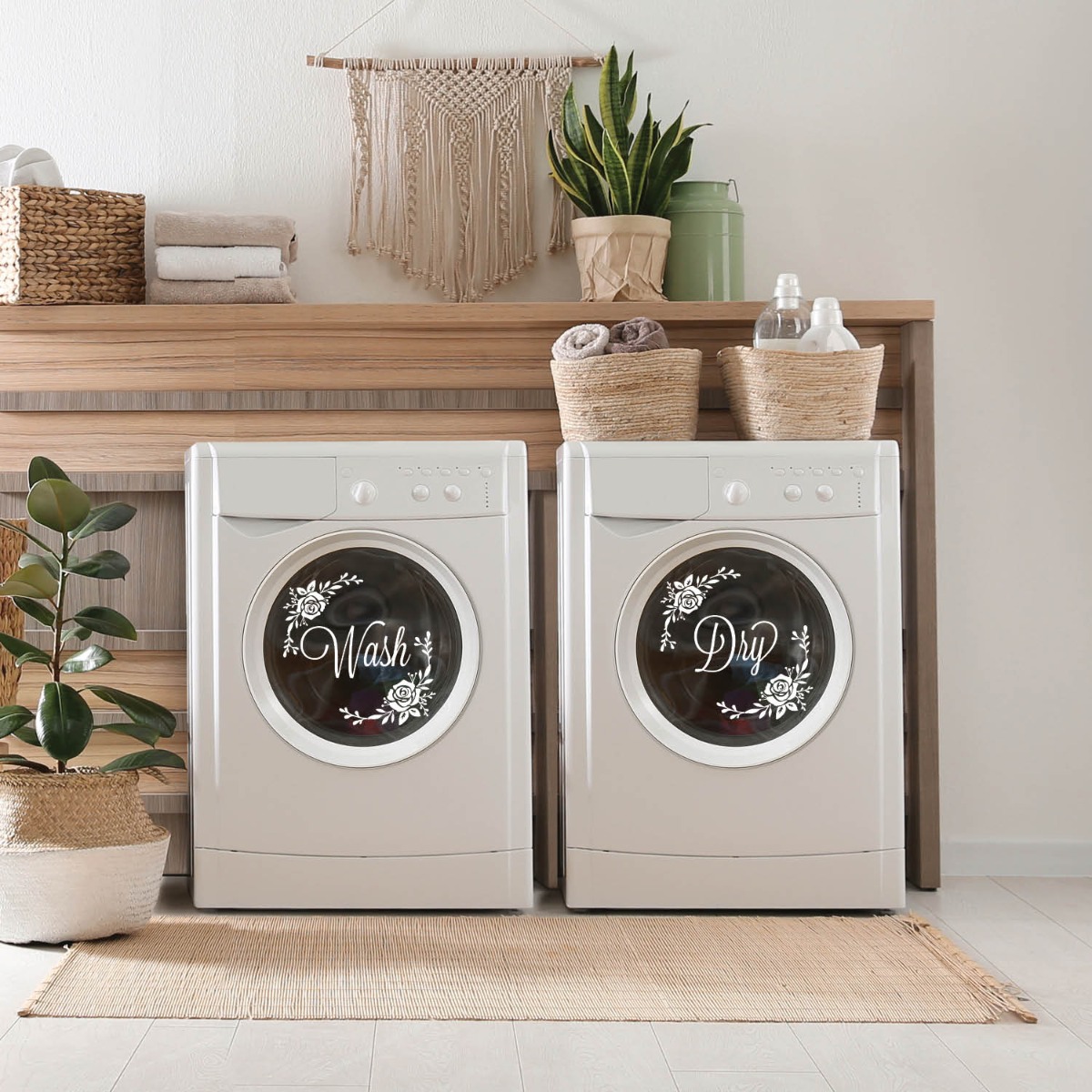 Floral wash and dry laundry decal 