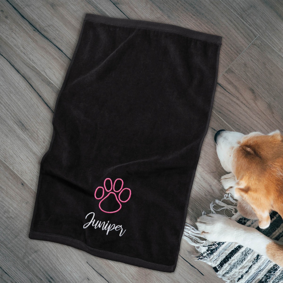 Pawprint with Script Pet Name Black Velour Sports Towel 