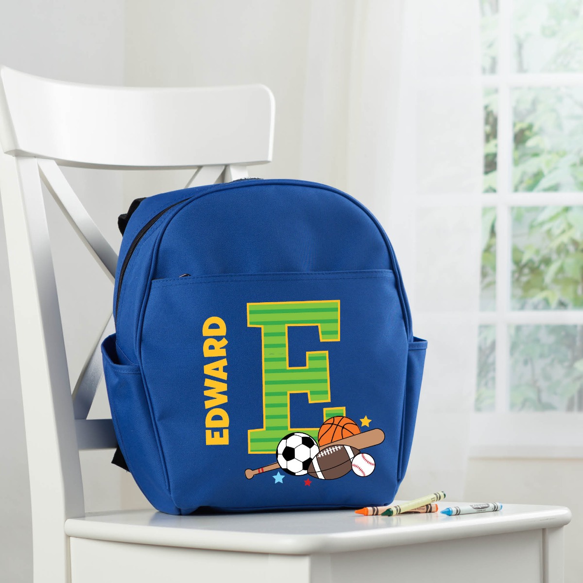 Sports toddler backpack with name and initial
