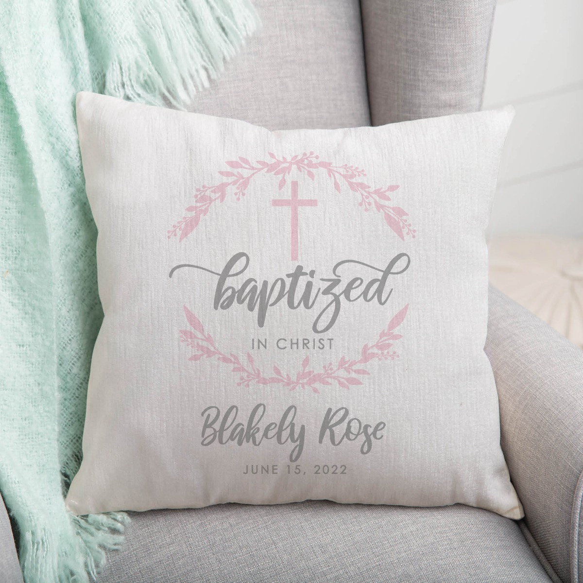 Baptized In Christ Personalized Pink 14" Throw Pillow 