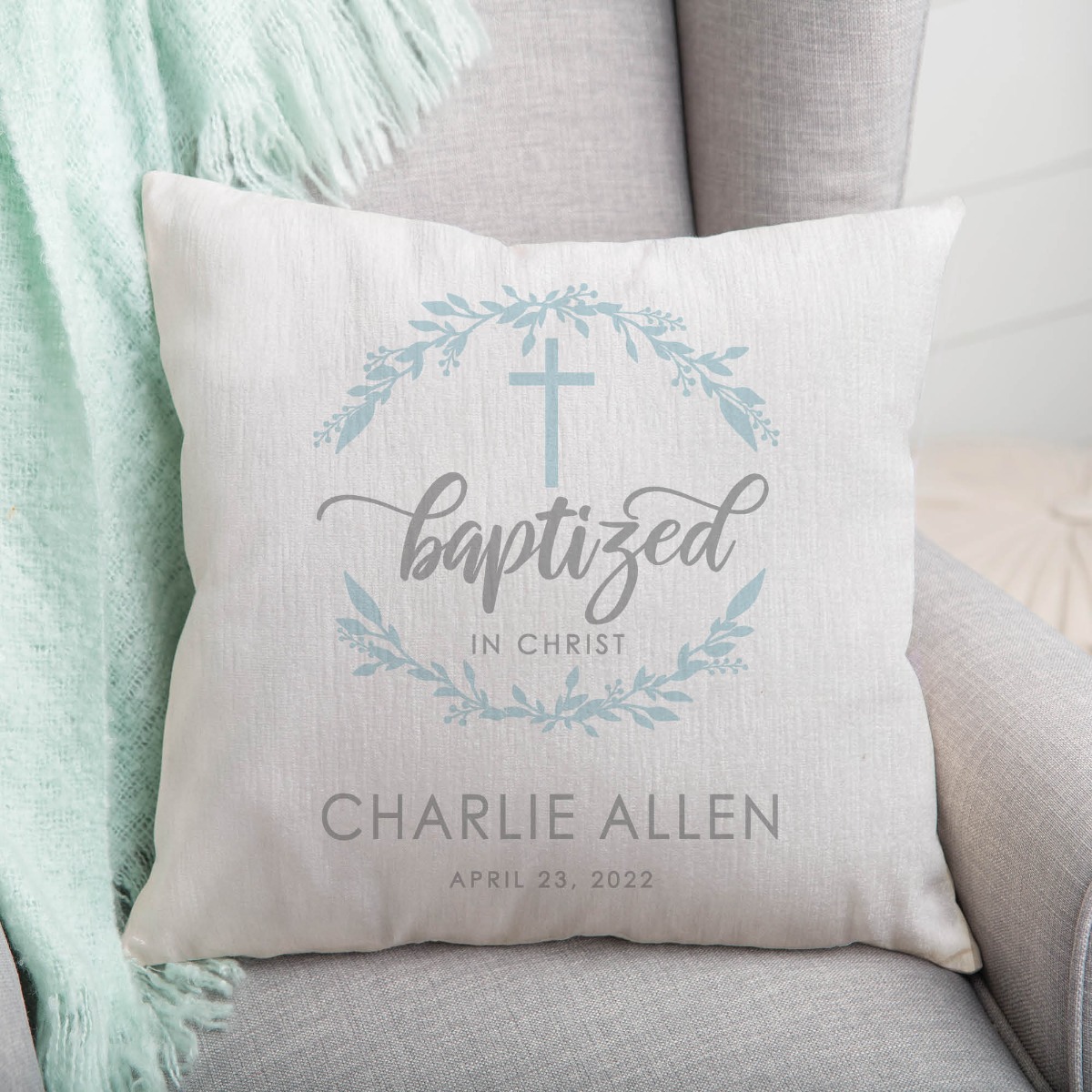 Baptized In Christ Personalized Blue 14" Throw Pillow 