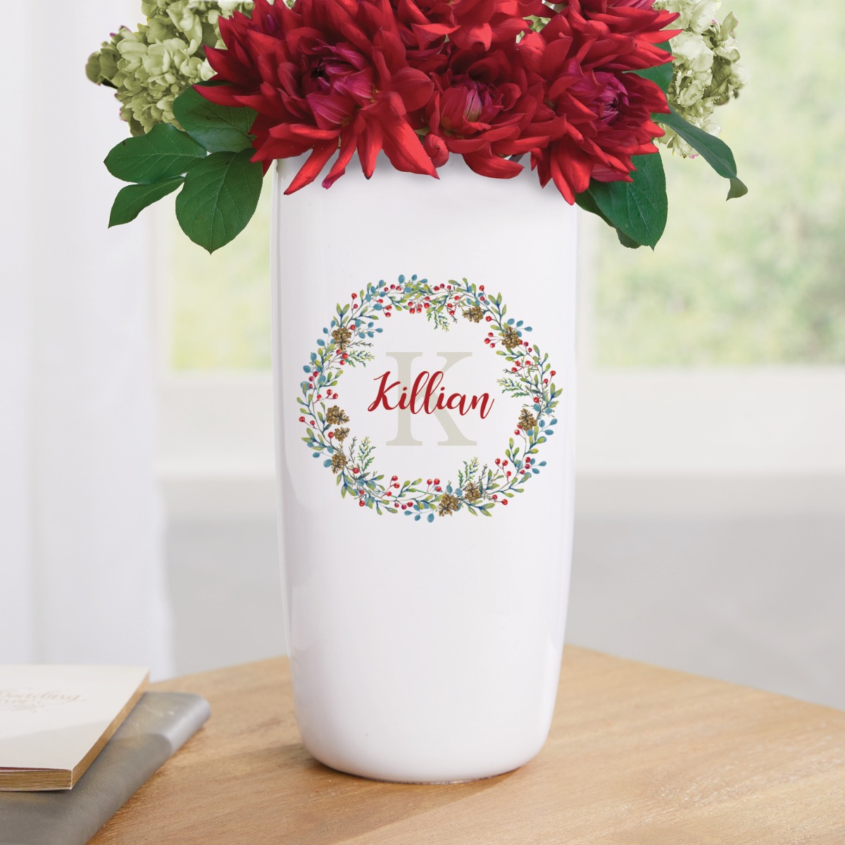 Christmas Wreath Personalized White Ceramic Vase 