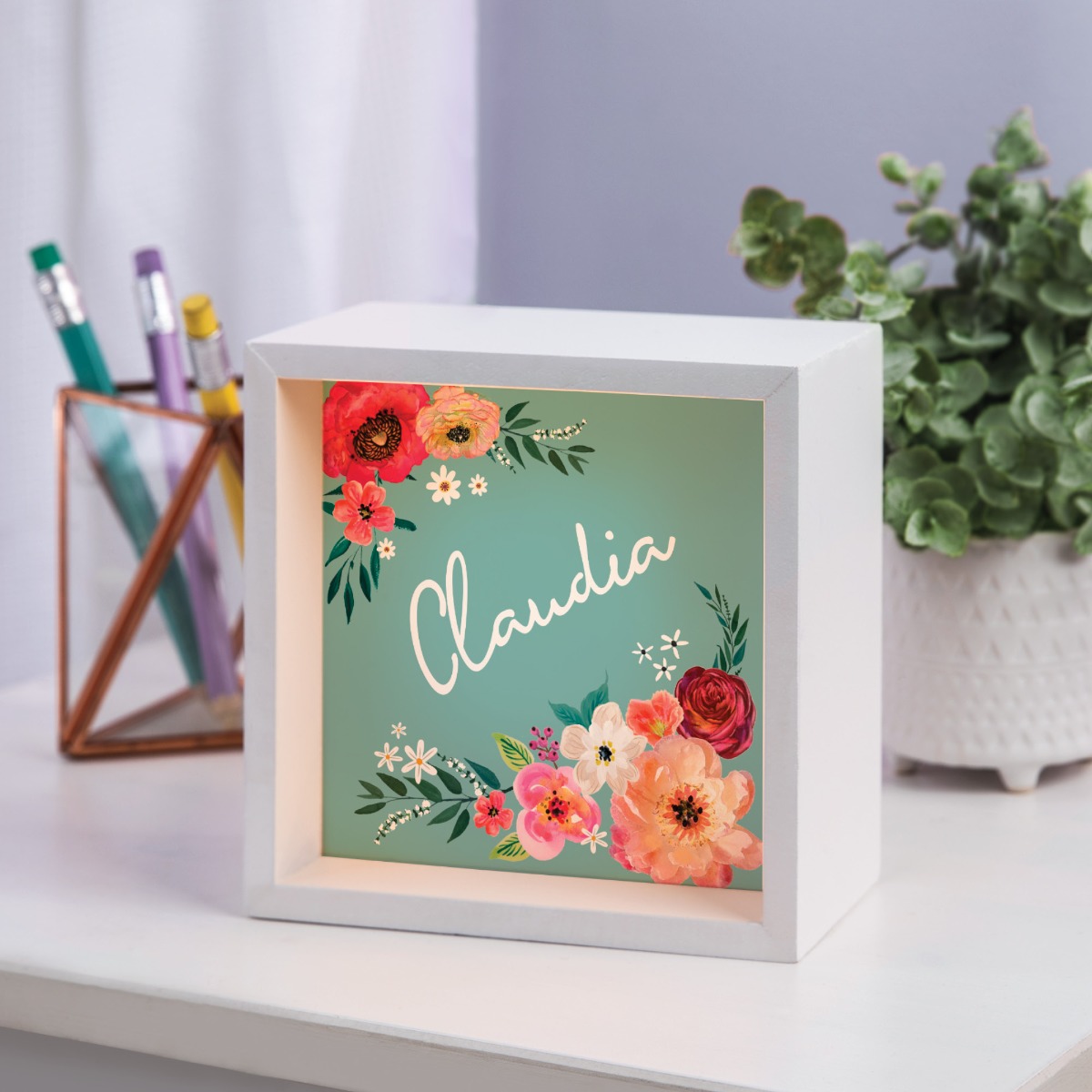 Floral light up shadowbox with name 