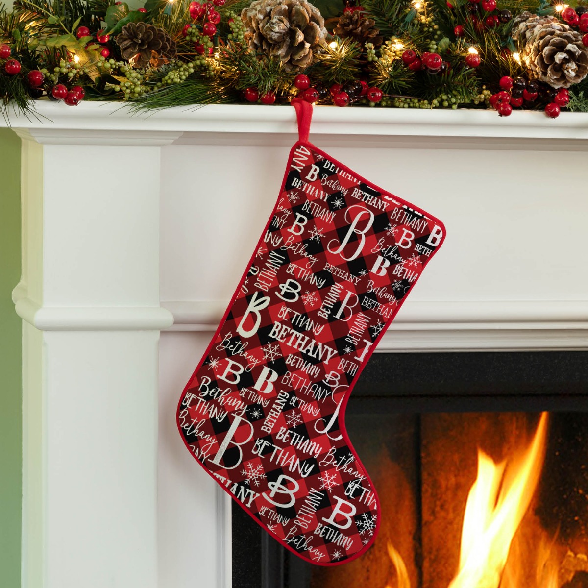 My Name & Initial Personalized Checked Red Trim Stocking