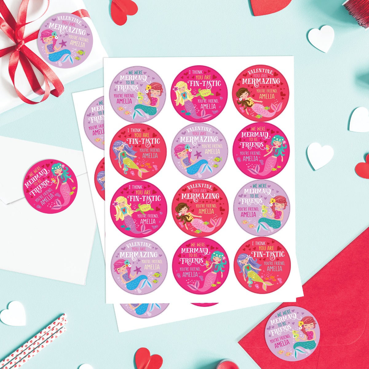 Mermaid Themed Valentine Personalized Sticker - Set of 48