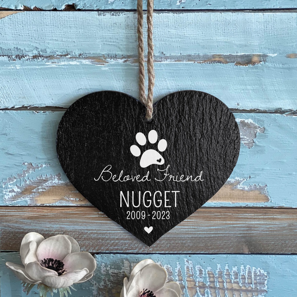 Pet memorial heart hanging slate with name and date