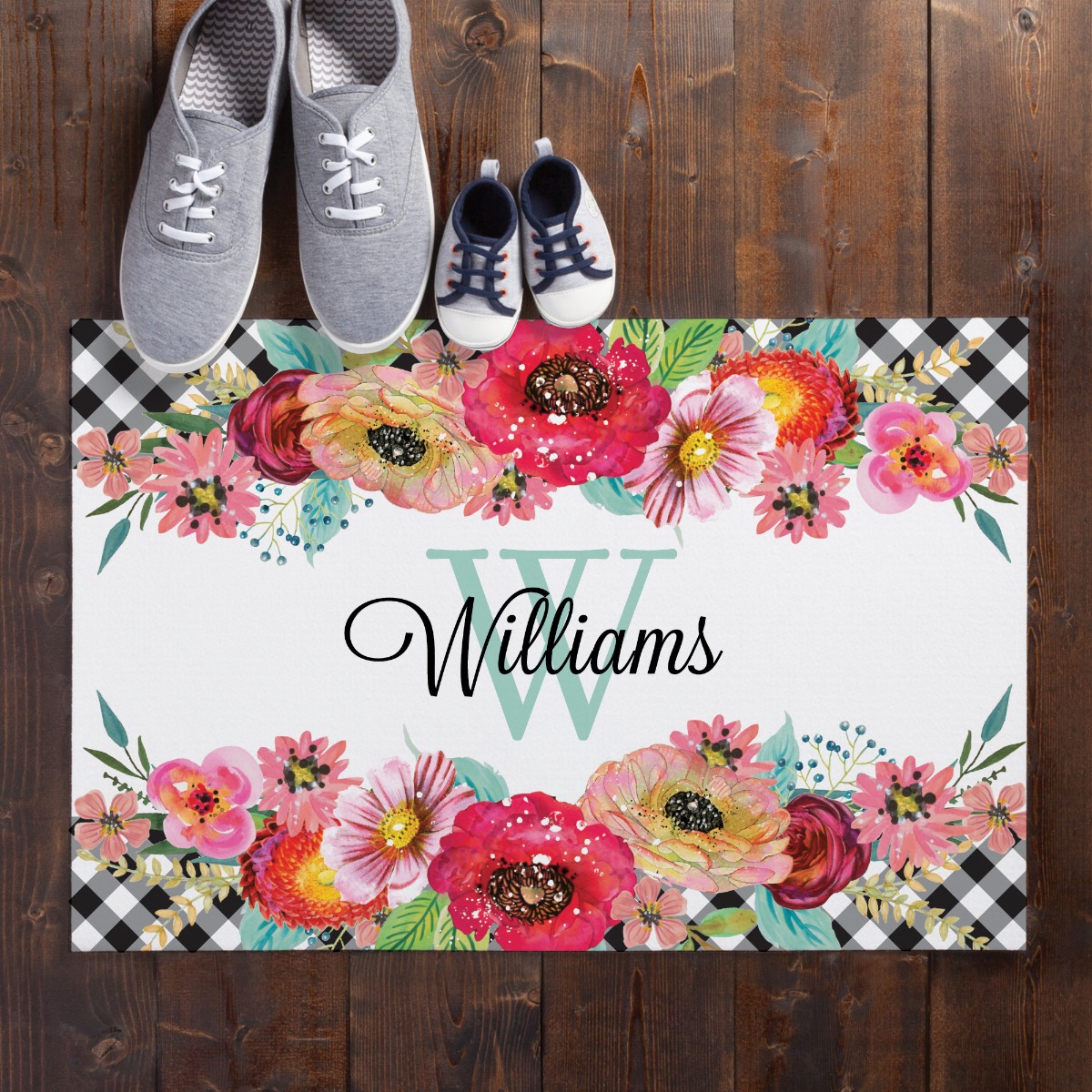 Gingham Check Floral Personalized Standard Doormat