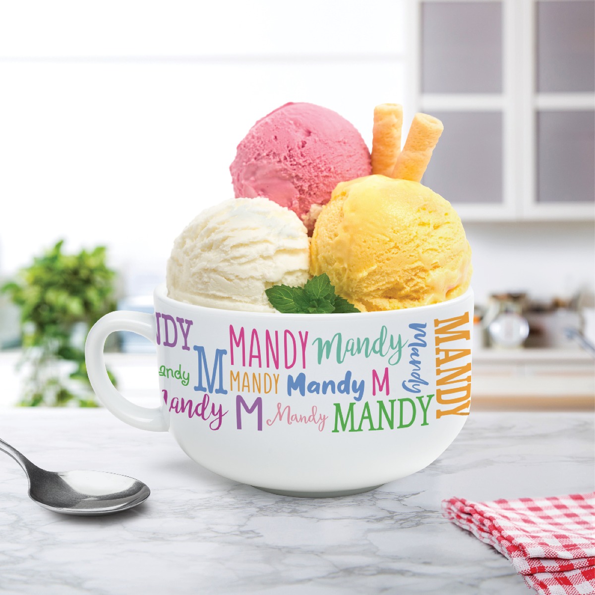 Colorful Name Pattern For Her Ceramic Bowl with Handle 