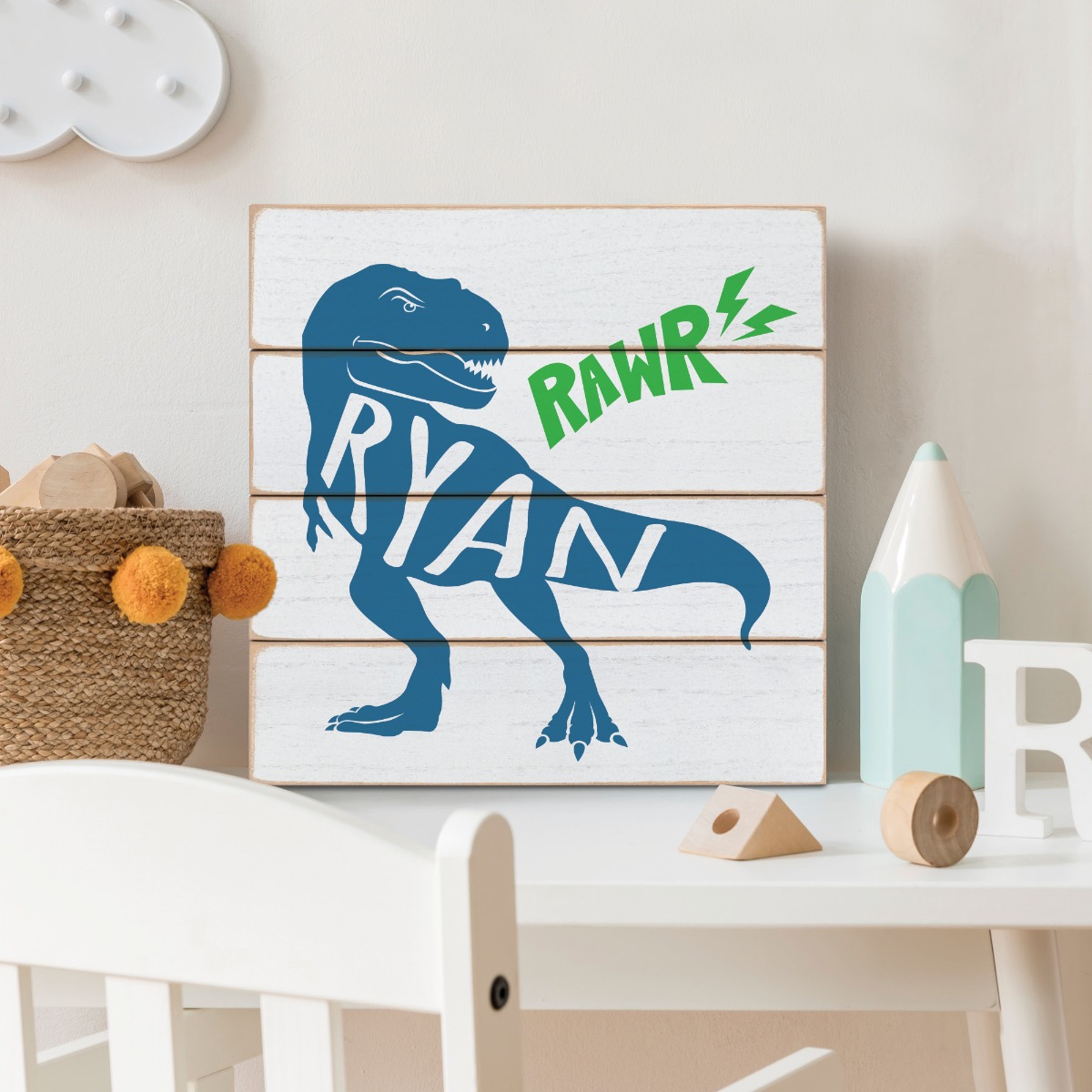 Blue T-Rex Personalized Name Wood Shiplap Art